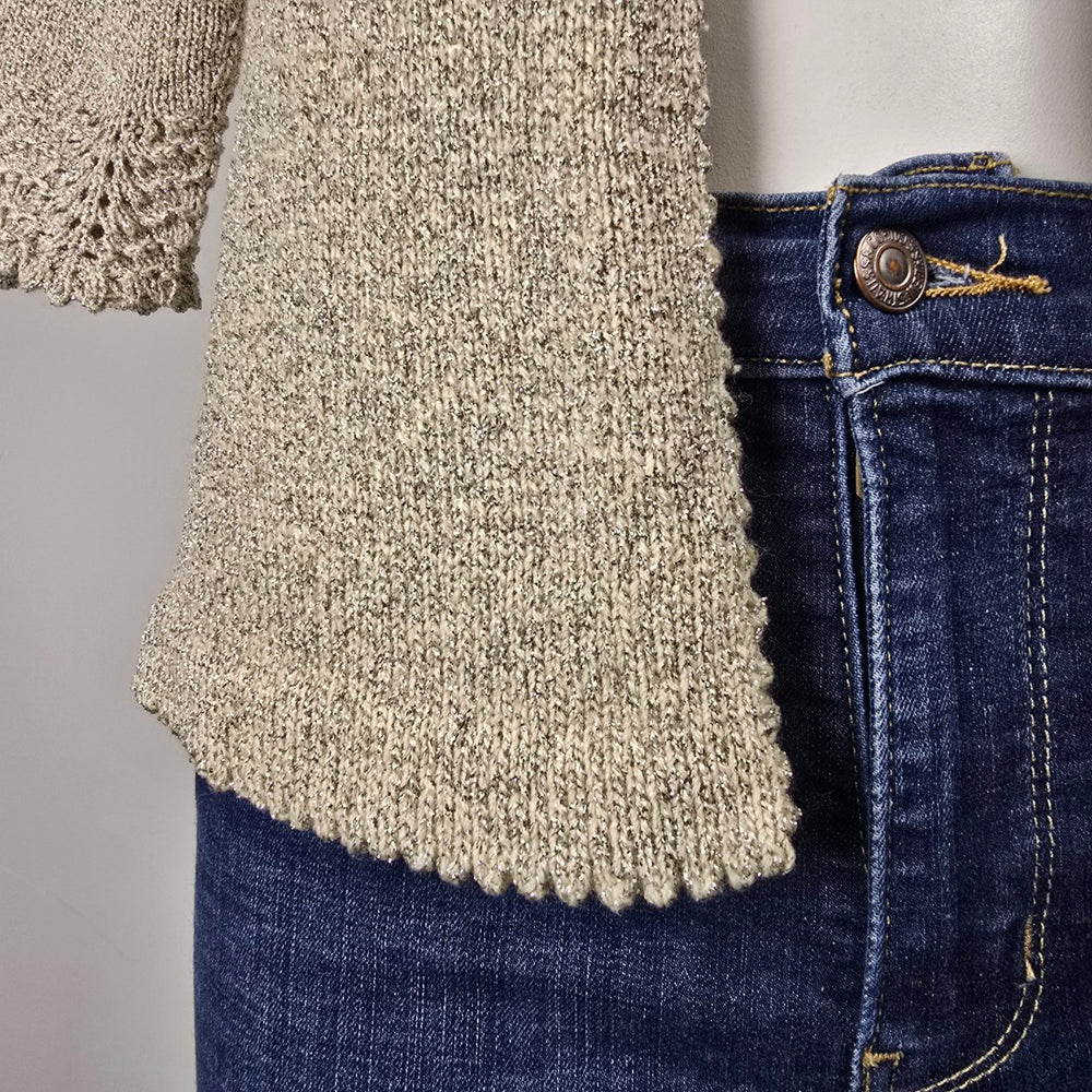 Metallic Gold Open Front Knit Cardigan with Crochet Trim Size S/M