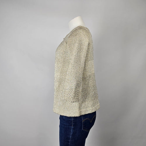Metallic Gold Open Front Knit Cardigan with Crochet Trim Size S/M