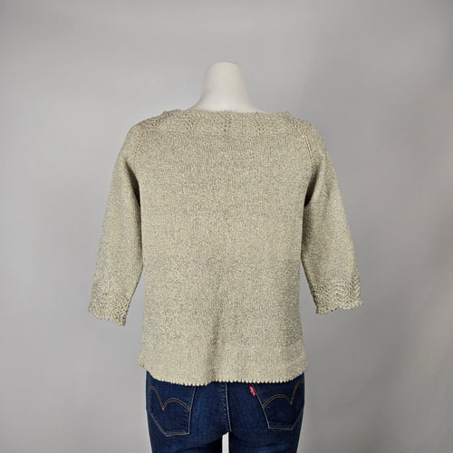 Metallic Gold Open Front Knit Cardigan with Crochet Trim Size S/M