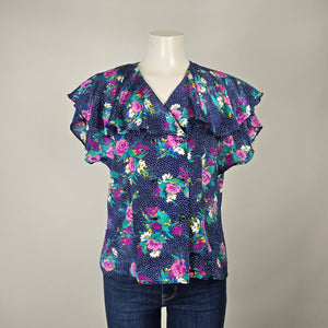 Vintage Navy Floral Polka Dot Ruffle Sleeve Blouse Size M/L
