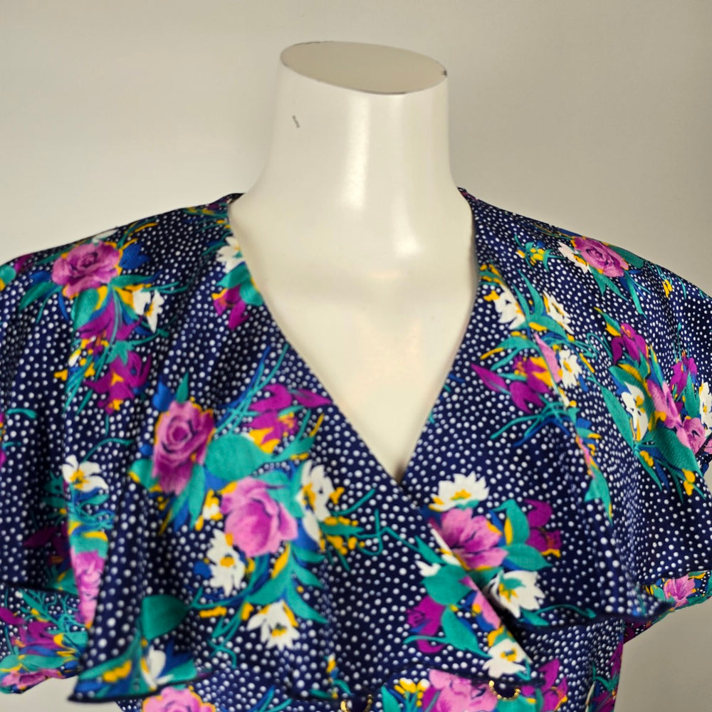 Vintage Navy Floral Polka Dot Ruffle Sleeve Blouse Size M/L