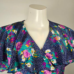 Vintage Navy Floral Polka Dot Ruffle Sleeve Blouse Size M/L