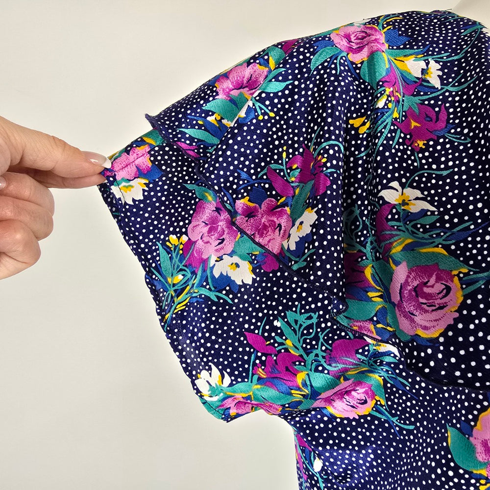 Vintage Navy Floral Polka Dot Ruffle Sleeve Blouse Size M/L