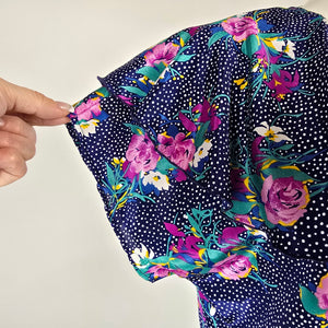 Vintage Navy Floral Polka Dot Ruffle Sleeve Blouse Size M/L