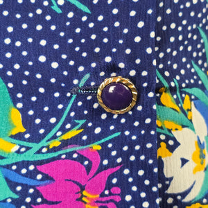 Vintage Navy Floral Polka Dot Ruffle Sleeve Blouse Size M/L