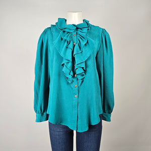 Vintage Teal Ruffle Front Secretary Blouse Size M/L