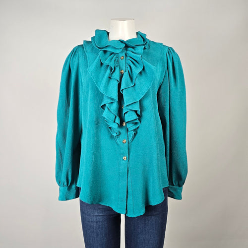 Vintage Teal Ruffle Front Secretary Blouse Size M/L