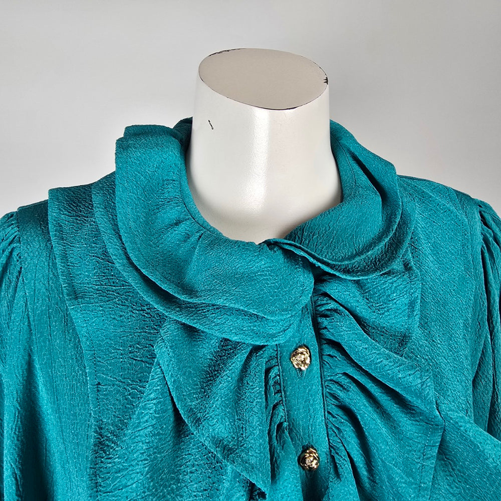 Vintage Teal Ruffle Front Secretary Blouse Size M/L
