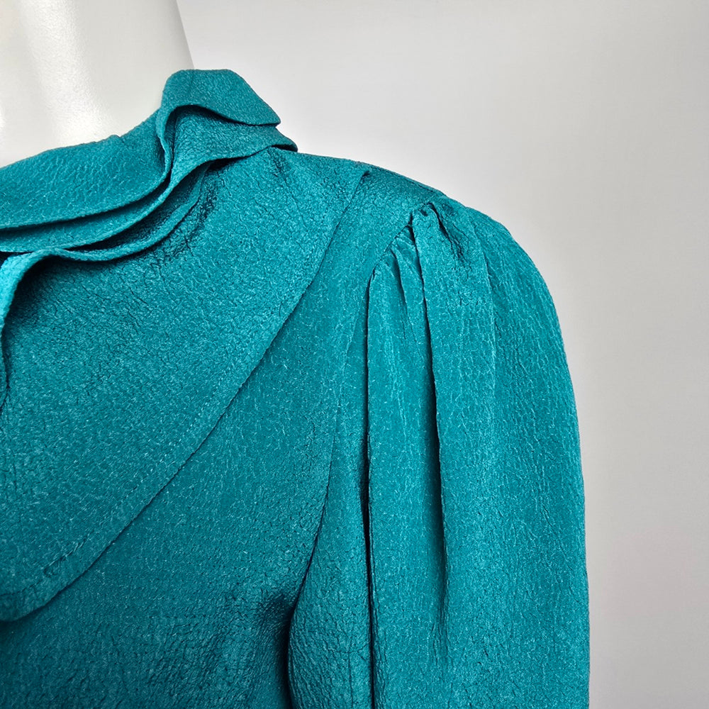 Vintage Teal Ruffle Front Secretary Blouse Size M/L