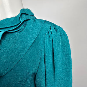 Vintage Teal Ruffle Front Secretary Blouse Size M/L