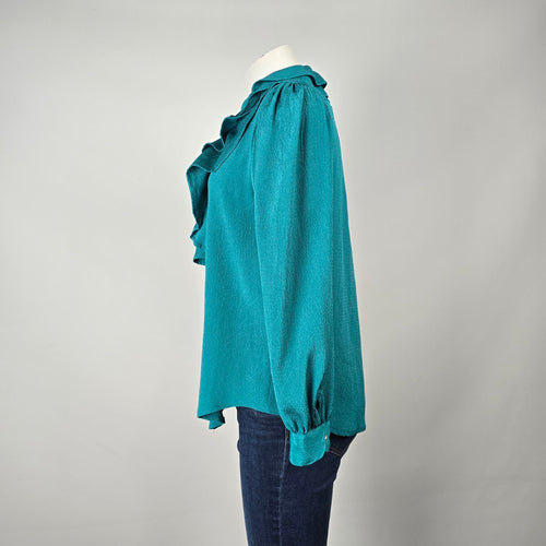 Vintage Teal Ruffle Front Secretary Blouse Size M/L
