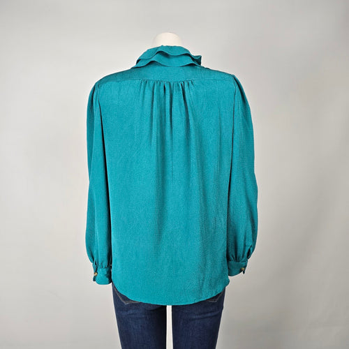 Vintage Teal Ruffle Front Secretary Blouse Size M/L