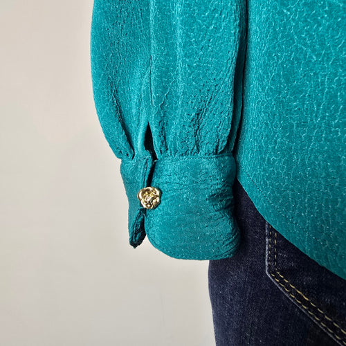 Vintage Teal Ruffle Front Secretary Blouse Size M/L
