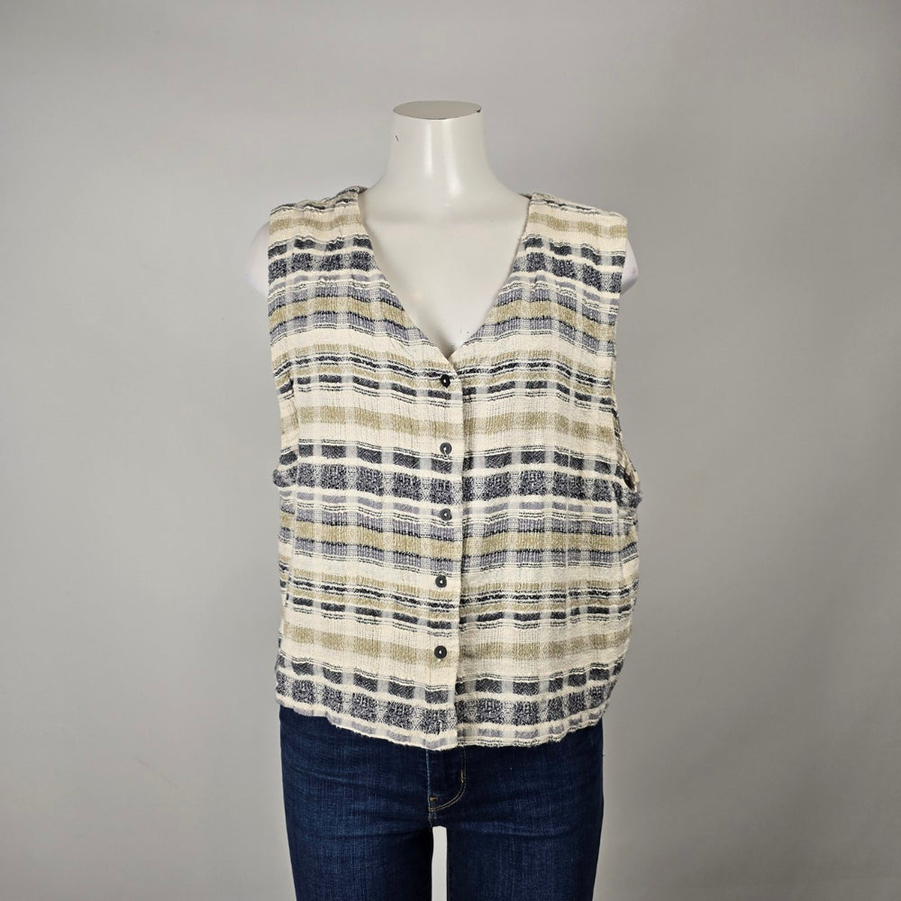 Cut Loose Textured Plaid Linen Blend Button Vest Size L