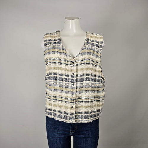 Cut Loose Textured Plaid Linen Blend Button Vest Size L