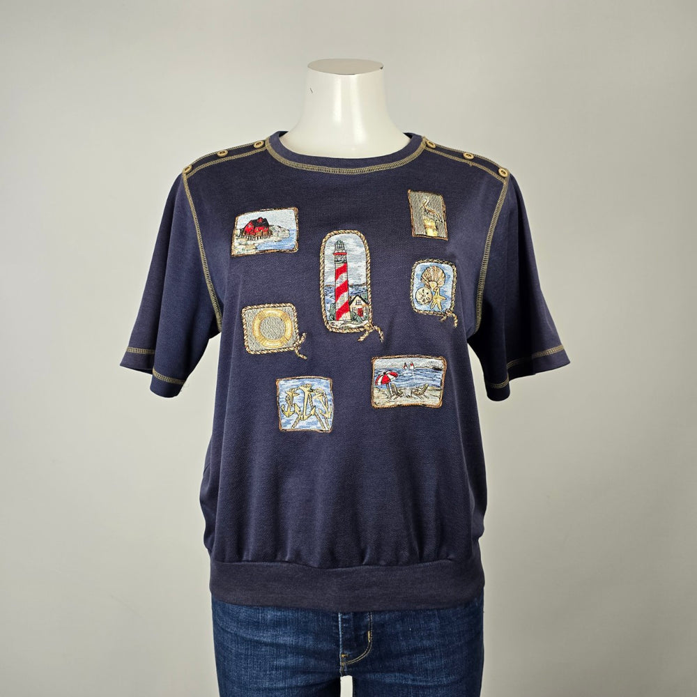 Vintage Nautical Appliqué Short Sleeve Pullover Top Size M