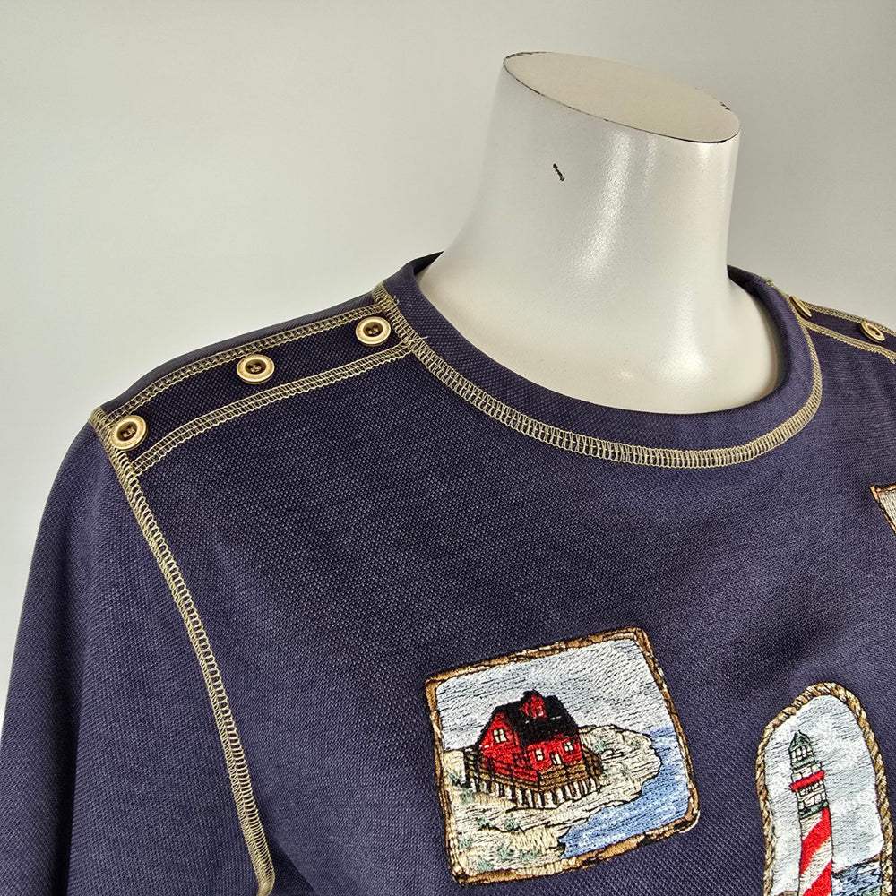 Vintage Nautical Appliqué Short Sleeve Pullover Top Size M