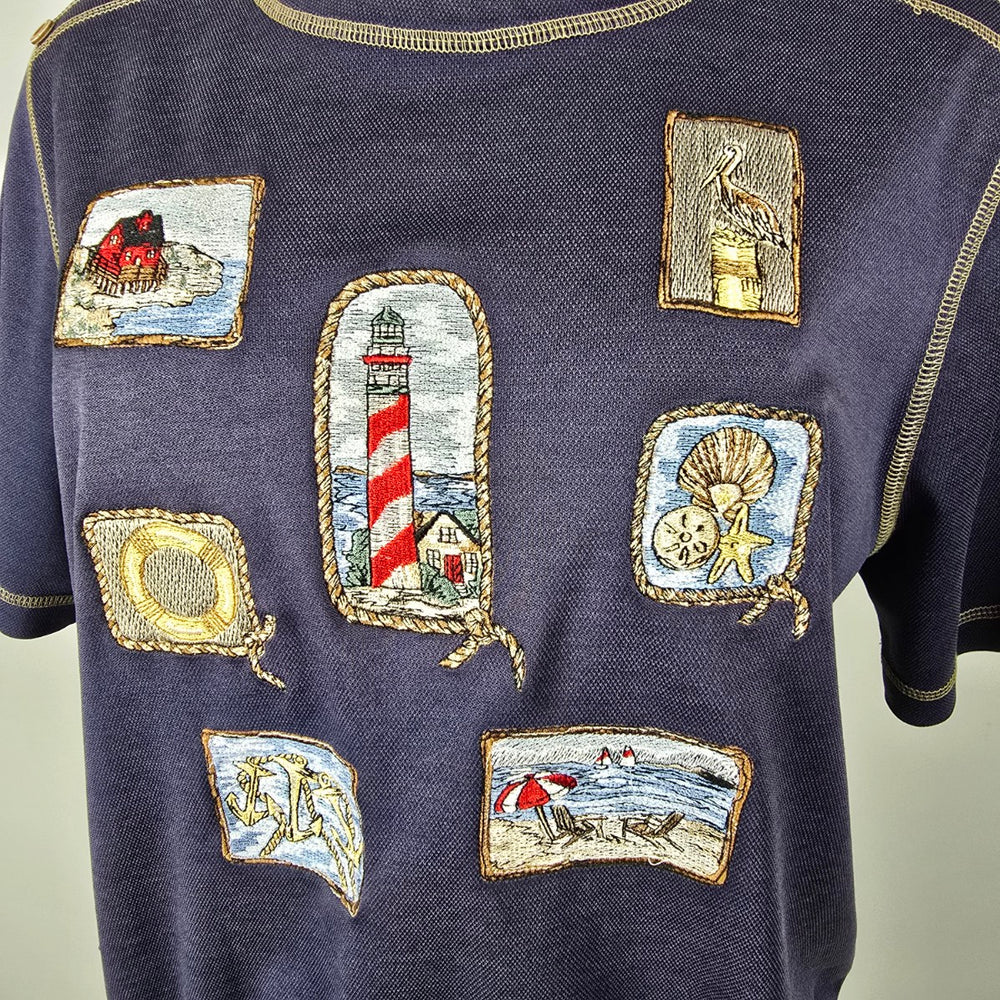 Vintage Nautical Appliqué Short Sleeve Pullover Top Size M