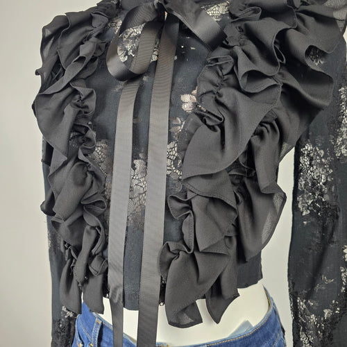 Moonlite Black Lace Ruffle Tie Front Bolero Top Size S