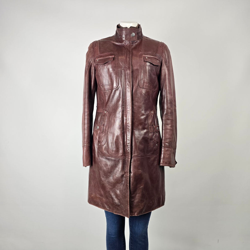 Danier Burgundy Leather Long Coat Jacket Size S