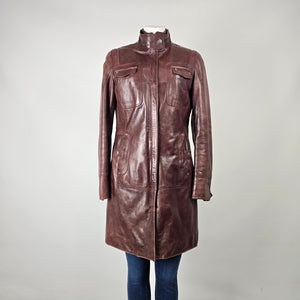 Danier Burgundy Leather Long Coat Jacket Size S