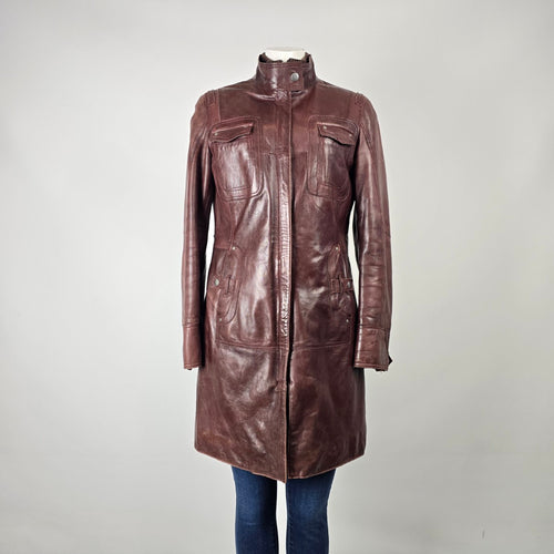 Danier Burgundy Leather Long Coat Jacket Size S