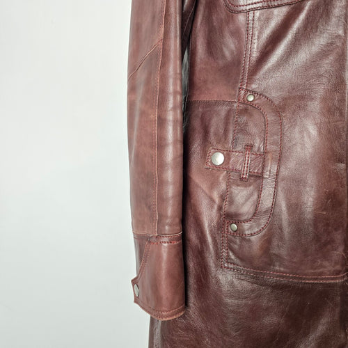 Danier Burgundy Leather Long Coat Jacket Size S