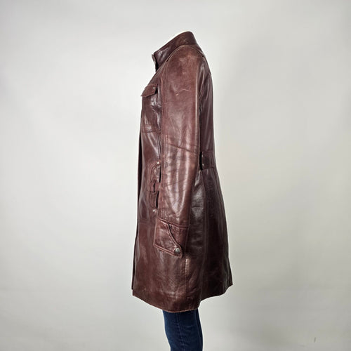 Danier Burgundy Leather Long Coat Jacket Size S