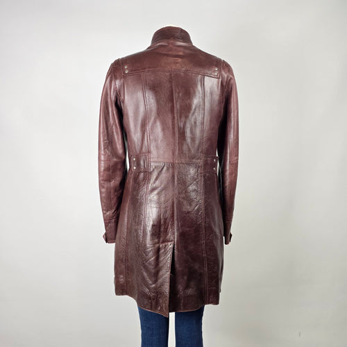 Danier Burgundy Leather Long Coat Jacket Size S