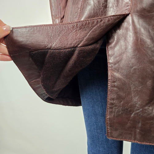 Danier Burgundy Leather Long Coat Jacket Size S