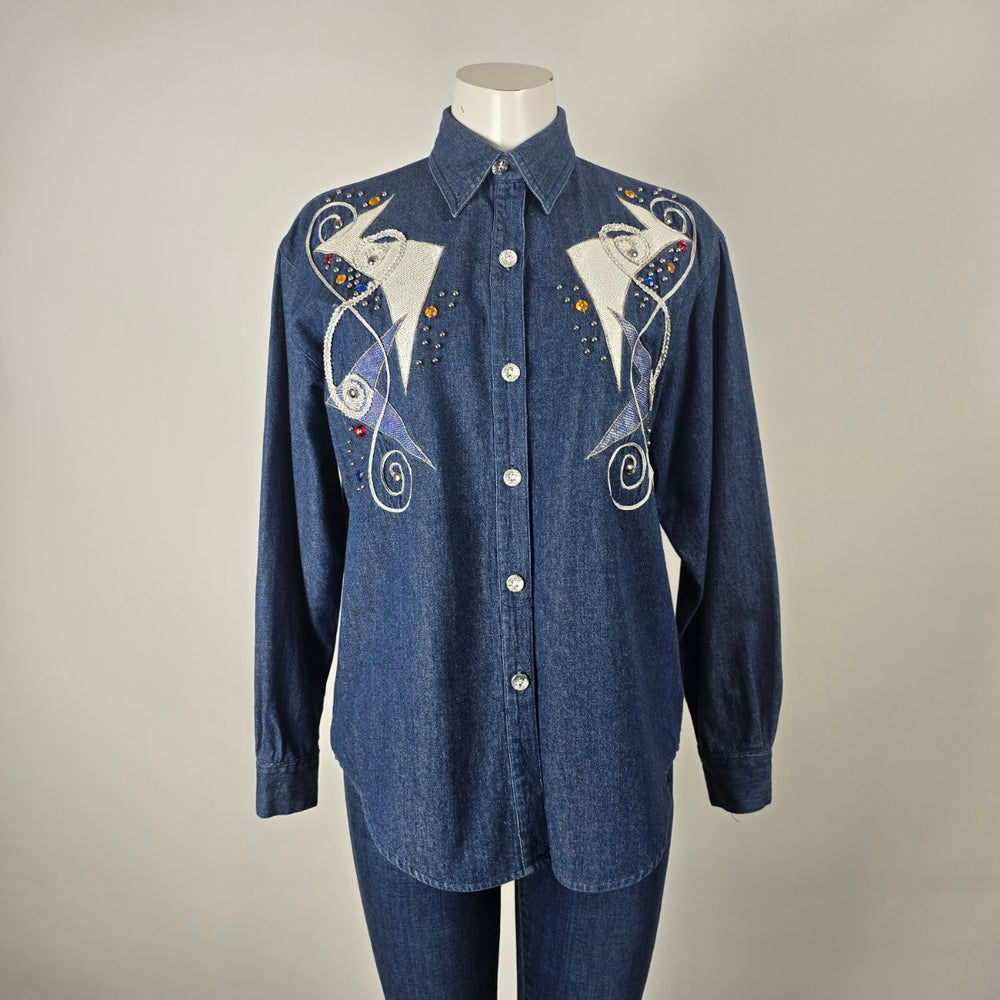 Vintage Joyce Embellished Denim Button-Up Shirt Size 10