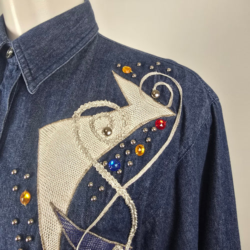 Vintage Joyce Embellished Denim Button-Up Shirt Size 10