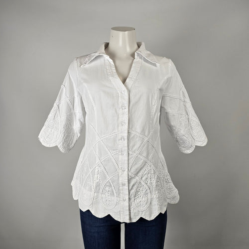 Inca Cottons White Embroidered Cotton Button-Up Blouse Size S