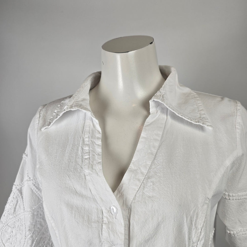 Inca Cottons White Embroidered Cotton Button-Up Blouse Size S