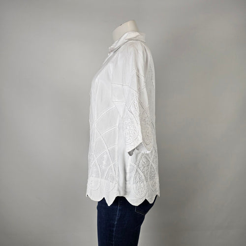 Inca Cottons White Embroidered Cotton Button-Up Blouse Size S