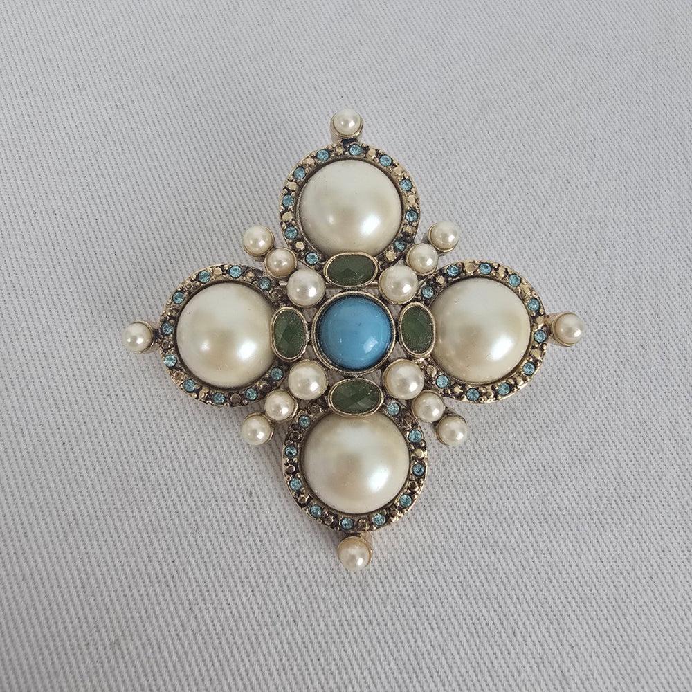 MONET Faux Pearl & Rhinestone Maltese Cross Brooch