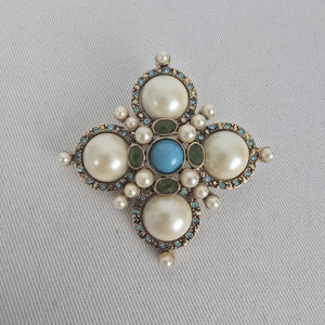 MONET Faux Pearl & Rhinestone Maltese Cross Brooch