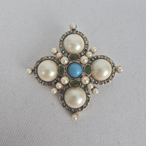 MONET Faux Pearl & Rhinestone Maltese Cross Brooch