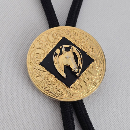 Vintage Western Horse Head Bolo Tie Black & Gold Tone
