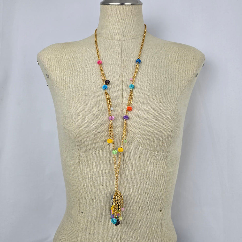 Whimsical Beaded Jar Pendant Necklace Gold Tone Colorful Long Necklace
