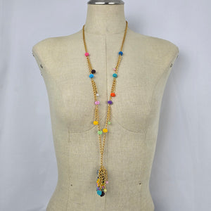 Whimsical Beaded Jar Pendant Necklace Gold Tone Colorful Long Necklace