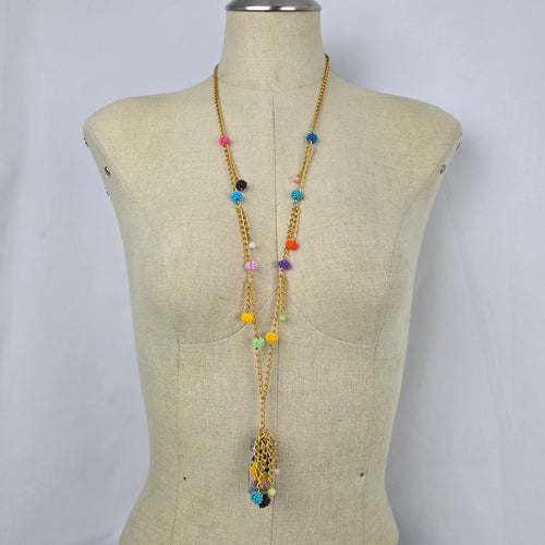 Whimsical Beaded Jar Pendant Necklace Gold Tone Colorful Long Necklace
