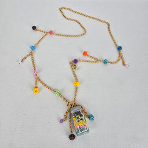 Whimsical Beaded Jar Pendant Necklace Gold Tone Colorful Long Necklace