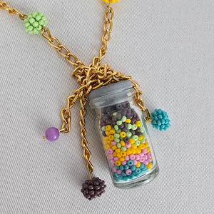 Whimsical Beaded Jar Pendant Necklace Gold Tone Colorful Long Necklace