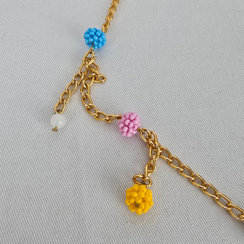 Whimsical Beaded Jar Pendant Necklace Gold Tone Colorful Long Necklace