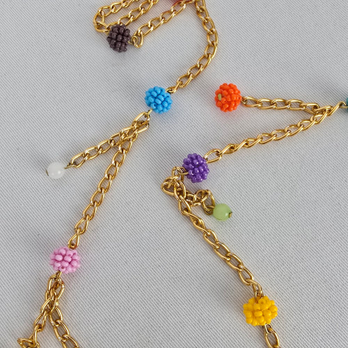 Whimsical Beaded Jar Pendant Necklace Gold Tone Colorful Long Necklace