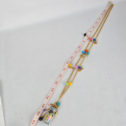 Whimsical Beaded Jar Pendant Necklace Gold Tone Colorful Long Necklace
