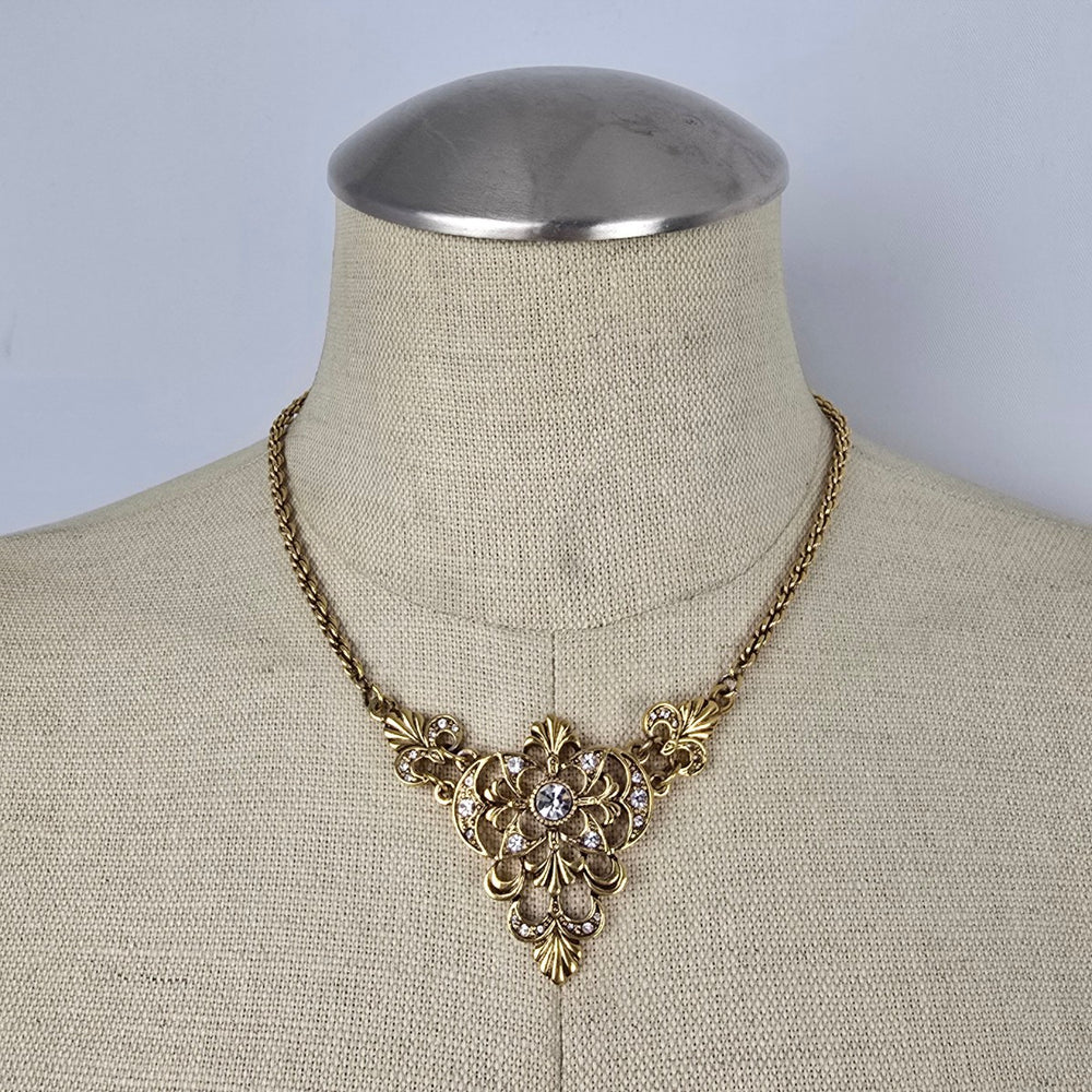 Vintage Lady Remington Gold Tone Crystal Statement Necklace