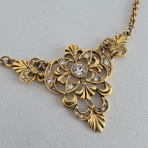 Vintage Lady Remington Gold Tone Crystal Statement Necklace