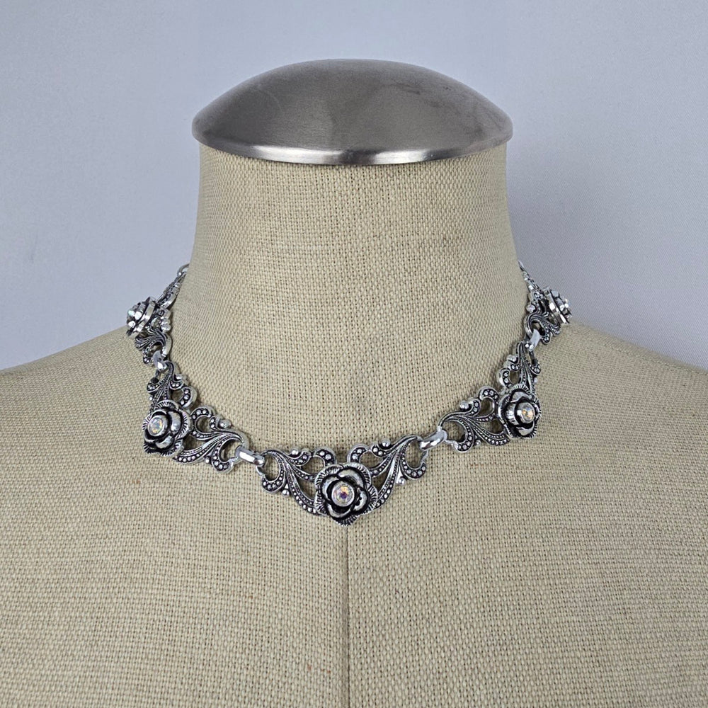 Vintage Silver Tone Floral Rhinestone Statement Collar Necklace